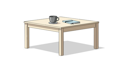 A stylish, simple light wood table holds a grey ceramic mug on a coaster next to a blue planner, ideal for a focused work session or a peaceful