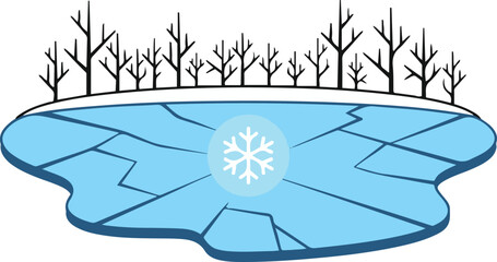 A flat vector illustration of a frozen blue pond featuring cracked ice and a central snowflake symbol, backed by a snowy bank lined with a row of leafless trees.