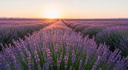 Serene Sunset Over Lavender Fields: A Nature Lover's Dream of Purple Blooms and the Aroma of Agriculture in a Picturesque Landscape