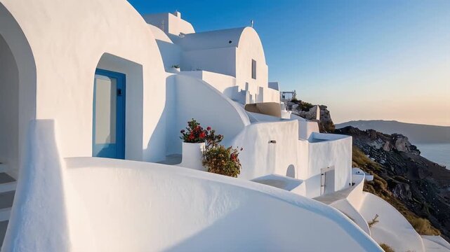 Cycladic whitewashed facade Santorini, bright Mediterranean architecture with white stairs and blue doors overlooking the sea at sunset for travel and luxury themes.
