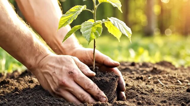 A close-up shot captures human hands carefully planting a small, vibrant green seedling into rich, dark soil. The plant's healthy roots are visible, embedded in a compact earth ball, signifying new li
