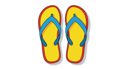 Vibrant vector illustration of a pair of yellow flip-flops with bright blue straps and red borders, perfectly embodying summer warmth, beach