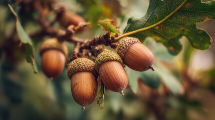 Close-up of a branch with acorns, brown shells, and green leaves, showcasing autumn colors. Soft focus