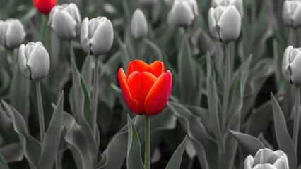 A vibrant red tulip stands out amidst a black and white field of tulips
