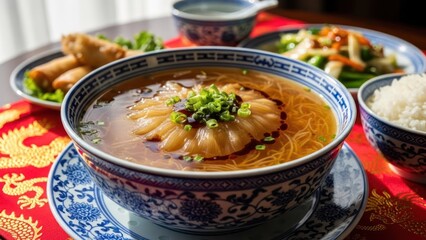 A vibrant spread of Asian dishes soup, rice, eggrolls, and stir-fry on a dragon cloth