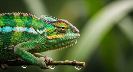 Vivid Green Chameleon: A Reptile's Profile Amidst Nature's Colorful Wildlife Habitat on a Branch