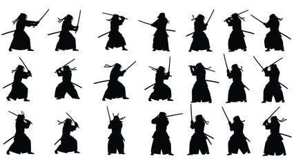 Samurai silhouettes in various sword fighting positions