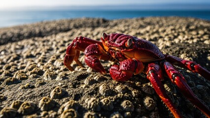 A vibrant red crab perches on a rock covered in barnacles, with the ocean in the background