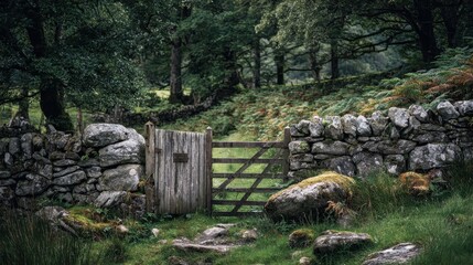 Fototapeta premium Rustic Wooden Gate and Stone Walls Leading into Lush, Dark Forest Landscape.