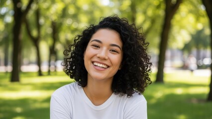 A woman with curly hair smiles broadly in a sunny park. Blurred trees in the background