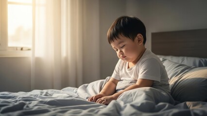 A young child sits sadly on a bed, sunlight streams in, soft focus