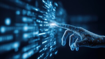 A digital hand reaches towards glowing data streams, symbolizing technology and interaction in a high-tech environment.