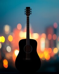 Naklejka premium A silhouette of an acoustic guitar stands against a blurred city backdrop, illuminated by colorful bokeh lights.