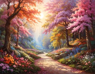 Path through a vibrant forest; pink blossoms and colorful flowers adorn the landscape under bright sunlight