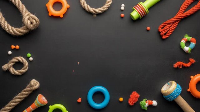 Dog toys arranged around a black background with ropes and colorful objects