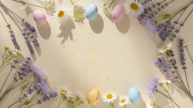 Easter eggs and flowers arranged in a circular frame on a beige background with pastel colors and soft lighting