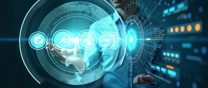 In a cinematic scene, a thoughtful professional gazes at a glowing digital interface, as the camera slowly pans, capturing ambient light flickers and the dynamic flow of data visualization.