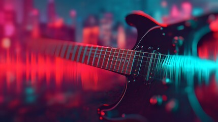 Naklejka premium A vibrant electric guitar with colorful sound waves in the background, evoking a lively musical atmosphere.