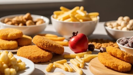 Assortment of diverse fried and baked foods, arranged in bowls and on a table