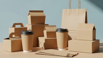 Assortment of takeout containers, coffee cups, and paper bags arranged on a surface