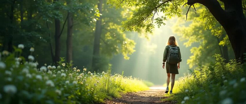 Young woman walking through sunlit forest path, leaves gently swaying, with camera smoothly tracking her journey, creating a serene and cinematic exploration of nature and solitude.