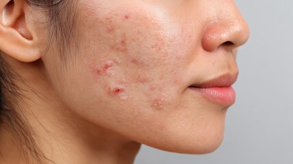 Obraz premium A close-up of a woman's face showing acne, with visible blemishes and redness, highlighting skin texture and health concerns.
