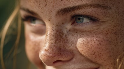 A close-up of a young person's face, showcasing vibrant blue eyes and a multitude of freckles, highlighting natural beauty and warmth.