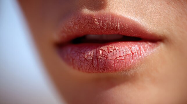 Close-up of cracked lips, highlighting texture and color, suggesting dryness or lack of moisture.