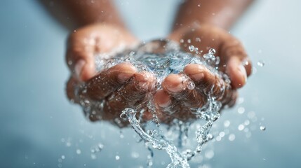 Fototapeta premium Close-up of dark-skinned hands cupped, holding and spilling fresh, clear water droplets against a blurred blue background