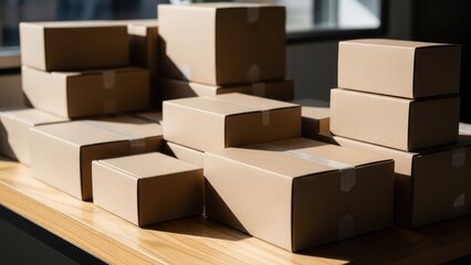 Brown cardboard boxes, varying sizes, stacked haphazardly on a wooden surface, natural light