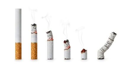 Cigarette stages from pristine to a spent, ashed stub, with smoke trails
