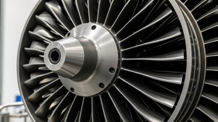 Close-up of a jet engine turbine, showing precisely crafted blades and hub assembly