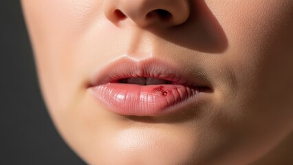 Close-up of a person's mouth with injured lower lip, showing redness and a small wound