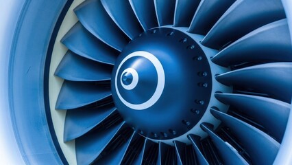 Close-up of a jet engine's turbine blades and central spinner, blue hues