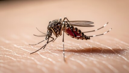 Close-up of a striped mosquito, likely feeding, perched on human skin
