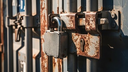 Close-up of a weathered, locked metal container door, showing rust and detail