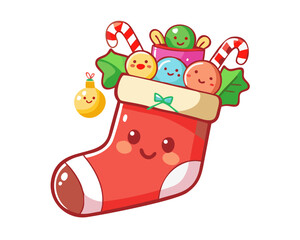 A cute christmas stocking filled with candy and toys, a festive holiday decoration with a smiling face
