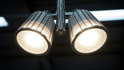 Close-up of a two-head ceiling spotlight fixture with textured shades and bright illumination
