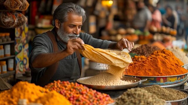 Elderly Man Selling Spices and Flatbread in Bustling Market.