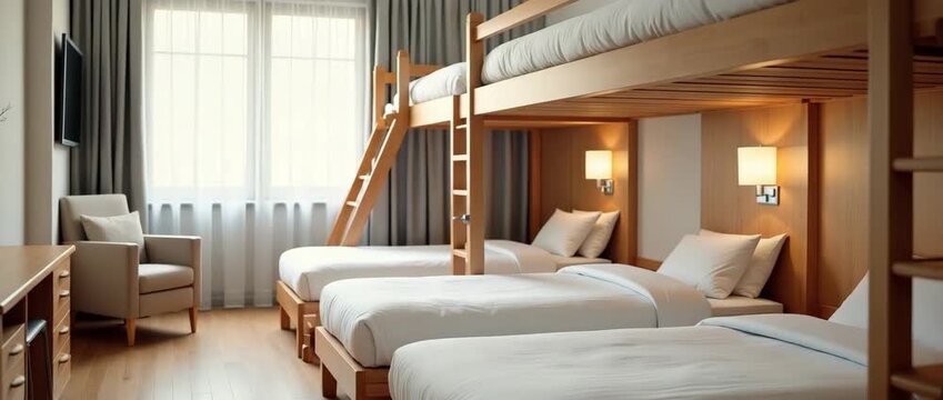 Modern hotel room interior with sleek wooden bunk beds and elegant furnishings, soft natural light fills the space as the camera pans gently, creating a serene and inviting atmosphere.