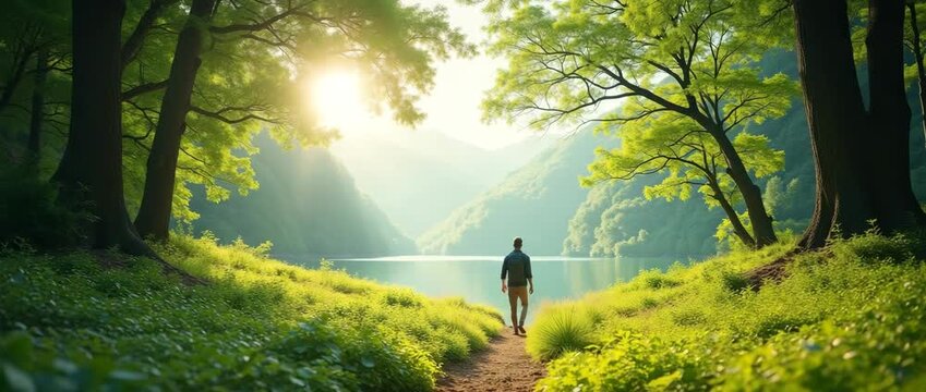 A lone traveler walks through a lush forest path towards a serene lake, as sunlight filters through the trees; camera gently pans, capturing a tranquil, cinematic landscape.
