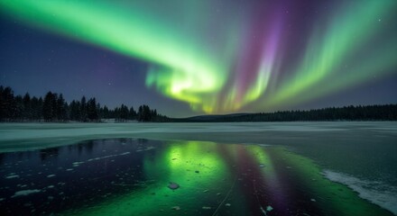 Fototapeta premium Spectacular Northern Lights over a frozen lake with reflections.