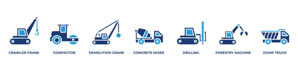 Heavy Equipment Solutions Icons set vector illustration blue with Crawler crane, Compactor, Demolition crane, Concrete mixer, Drilling, Forestry machine, Dump truck © layinatus