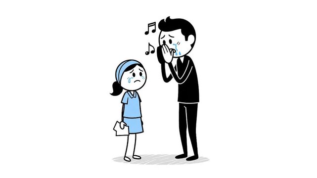 Sad Stickman Father Comforts Crying Daughter with Musical Notes on White Background Simple Cartoon Style Isolated on White Simple Style