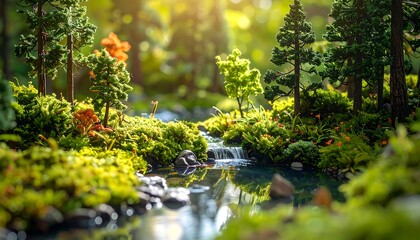 Lush miniature forest scene with a stream, mossy banks, and blurred trees under sunlight