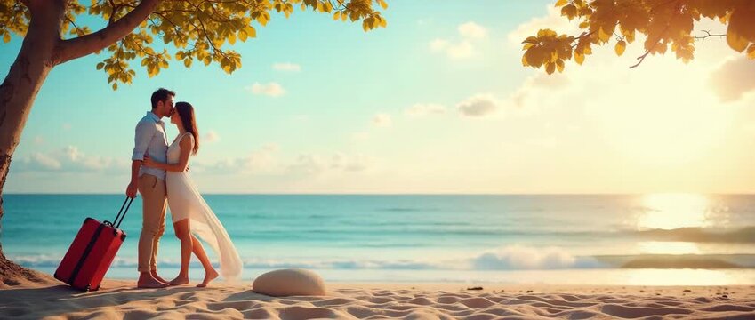 Romantic couple embraces on a sunlit beach with gentle waves lapping the shore, camera slowly panning to capture the serene ocean view, in a cinematic, dreamlike style.