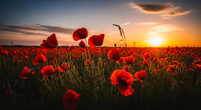 Vibrant red poppy field at beautiful golden hour sunset - Powered by Adobe