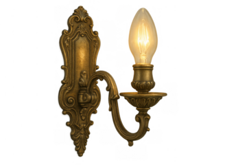 Ornate antique brass wall sconce featuring intricate rococo style design with a glowing vintage light bulb. Transparent background