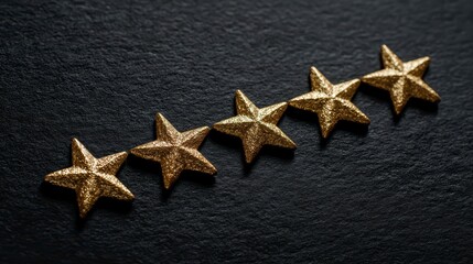 Close-up of five golden, glitter-covered stars in a diagonal line on a textured dark gray surface. Good service or feedback idea