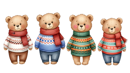 Four cute cartoon bears wearing colorful sweaters and scarves standing side by side on transparent background